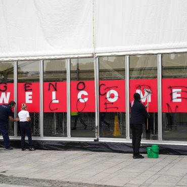 Activists attempt genocide spray paint protest at Labour conference entrance