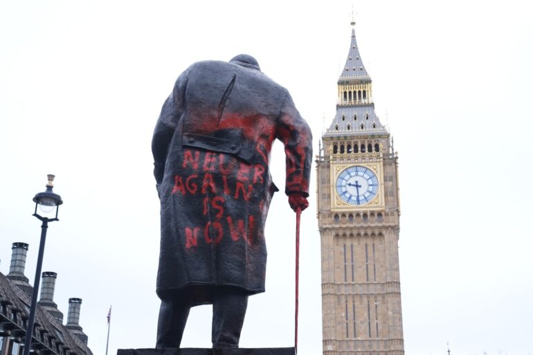 Winston Churchill Statue Daubed With Graffiti Calling Him Zionist War Criminal